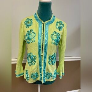 Vintage Cardigan Sweater Women’s Small Green & Blue Floral Beaded Sequin